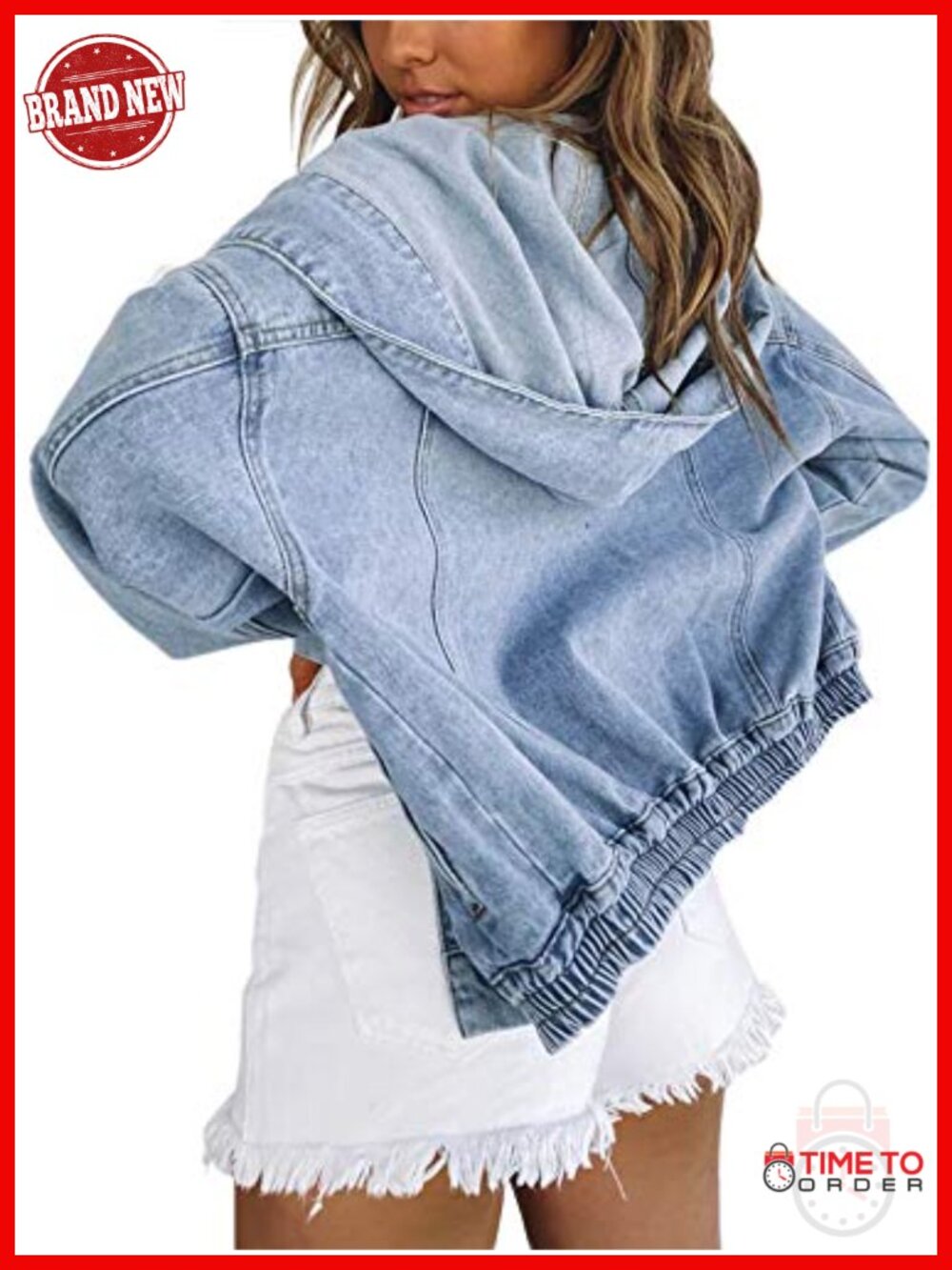 Oversized Denim Jacket with Hood, Button Front, Long Sleeve, Front Pockets,